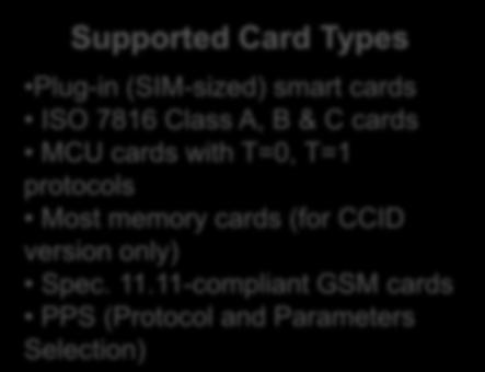 Most memory cards (for CCID version only) Spec. 11.