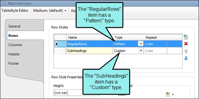 You leave the "RegularRows" item set as a "Pattern" type, which means that this style will be applied to rows in the table automatically.
