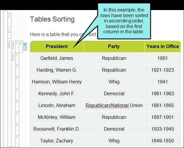 Sorting Tables You can sort a table by selecting an option from the Table ribbon at the top of the interface or from table context menus. Tables can be sorted using a simple or more advanced method.