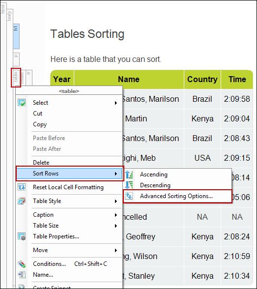 Suppose you want to re-organize the information in this table. Maybe you want to sort first of all by the country of each runner (the third column) in ascending order.