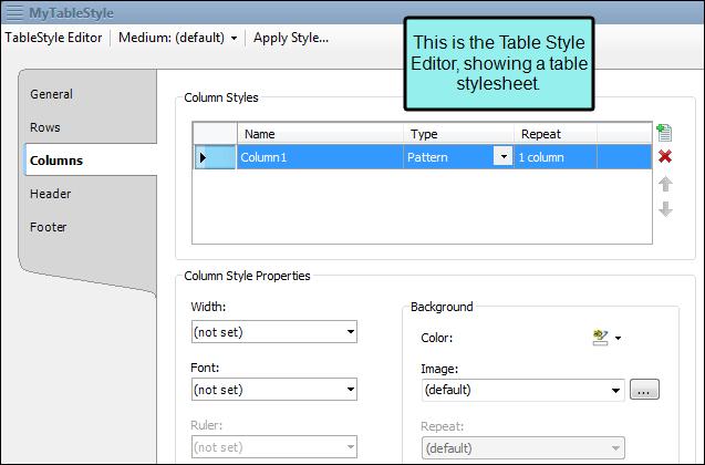 Table Style Editor When you open a table stylesheet, it is displayed in the Table Style Editor, which contains