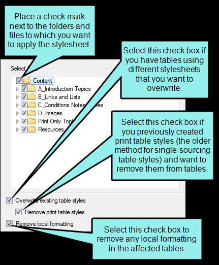 3. Click in the check box next to each folder and/or file containing tables that should use the stylesheet.