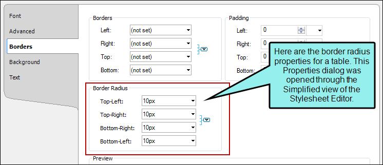 Rounded Borders and Tables For tables, you can set rounded borders in either a regular stylesheet or in a special table stylesheet.