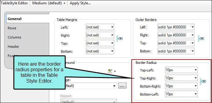 TABLE STYLESHEET If you set rounded borders in a special table stylesheet, using the Table
