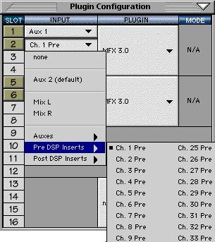 Inserting a Plug-in into a Channel A pre- or post-dsp channel insert can also be used as the input source for a plug-in.