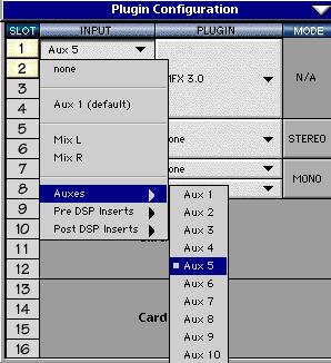 Using an Aux Send with a Plug-in Click on the associated INPUT menu button and select an aux input source. In the example below, we have chosen the Aux 5 Bus. Send the Input Signal to the Aux Bus 1.