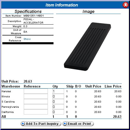 Item Information Window To view the Item Information Window, click or you can click on the thumb nail image of the part.