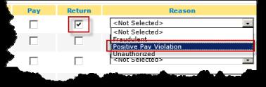 3. Examine the list of checks to determine pay or return processing. 4. To view a check image, click View Image (1). The check image page opens. Click Close to return to the exceptions list. 5.