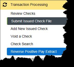 Creating a Reverse Positive Pay Extract Related Product: Reverse Positive Pay Reverse Positive Pay allows you to download a transaction file and process it using your own