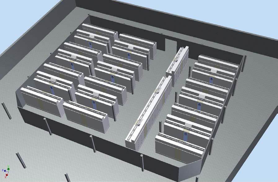 This drawing and rendering shows a data center layout for a project which utilizes 24 variable density pods to