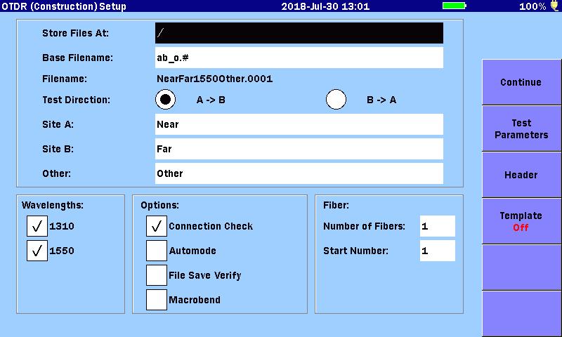 OTDR (Construction) OTDR (Construction) allows users to test many fibers in series and save the measurement results to files.
