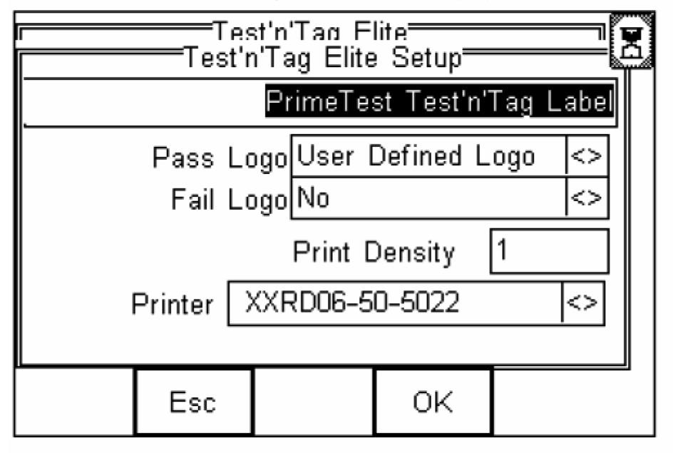 Press the soft key Options (F4), select the option Print Label. You should then see the label display, at this point press the soft key Setup (F3), and the following screen will be displayed.