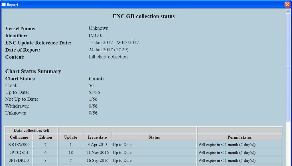 Click Chart handling then ENC and GB tab.. Click ENC Status Report to view installed Chart Status Report. 3.