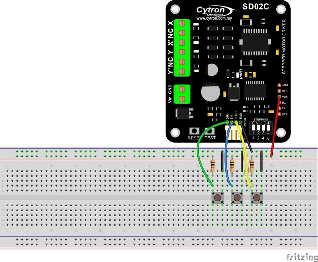 5.3 Connecting to Switches (without microcontroller) User may also use switches to generate pulses and control the direction of stepper motor. Here is an example of SD02C connected to switches.