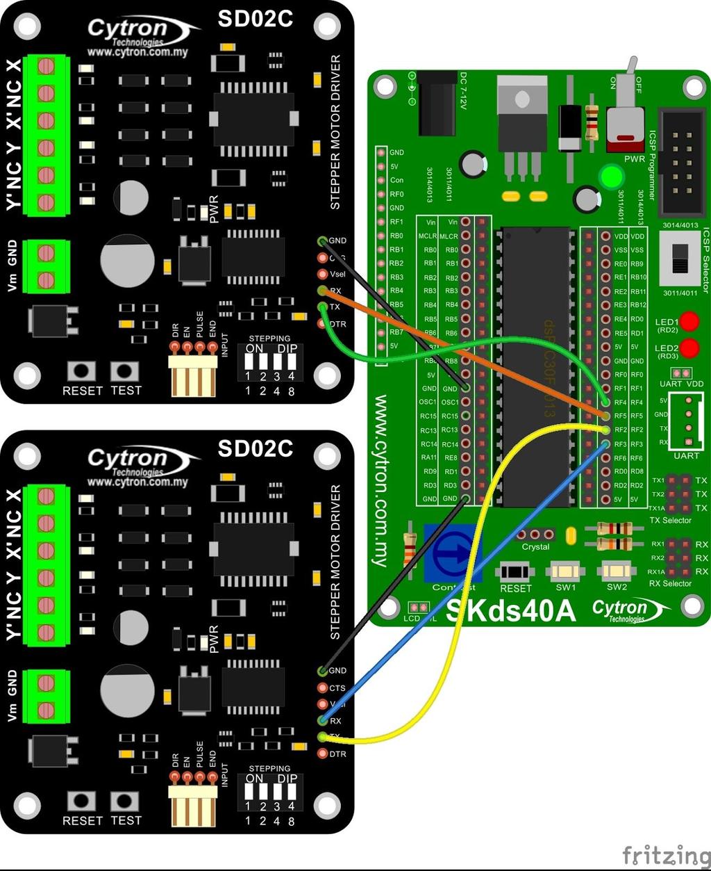 Sample connection to control 2 SD02C using software and hardware UART e. To supply power to SD02C, user has to connect SD02C VM to SKds40A Vin pin and GND to SKds40A GND pin.