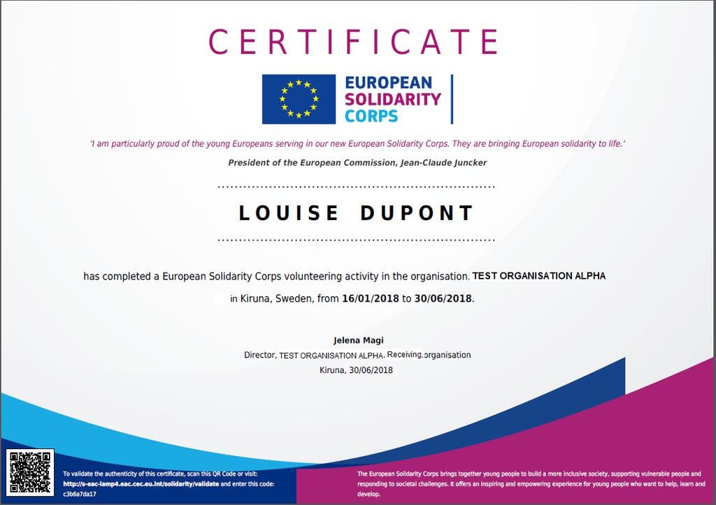 Example - Final version of the certificate of