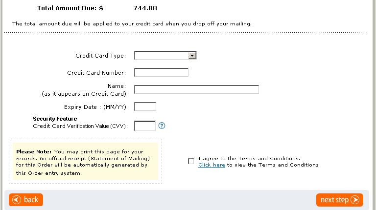 2 Paying for the Mailing page This section allows you to review the Total Amount Due that will be applied to your credit card at time of drop-off of your mailing Simply enter the requested credit