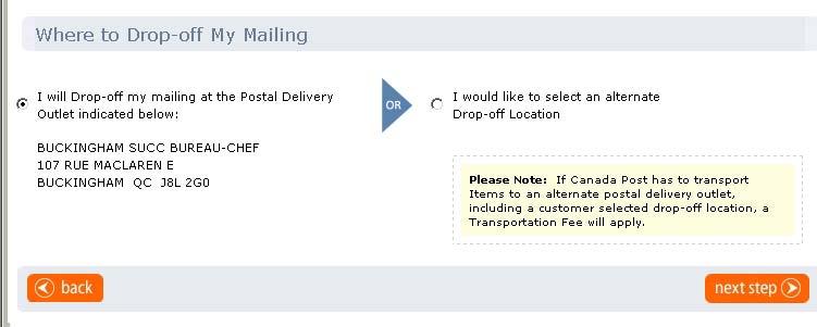 3.4 Where to drop-off the Mailing This section allows you to either accept the drop-off location identified here as the Post Office that will deliver your Items or, to select another Post Office by