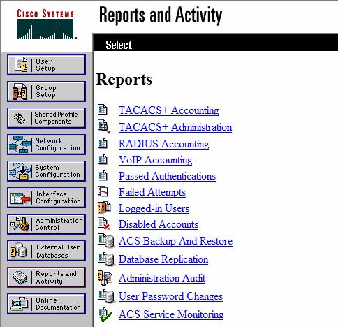 Click on the Reports and Activity button located on the left side of the ACS Home page. b. Next, click on the RADIUS Accounting link.