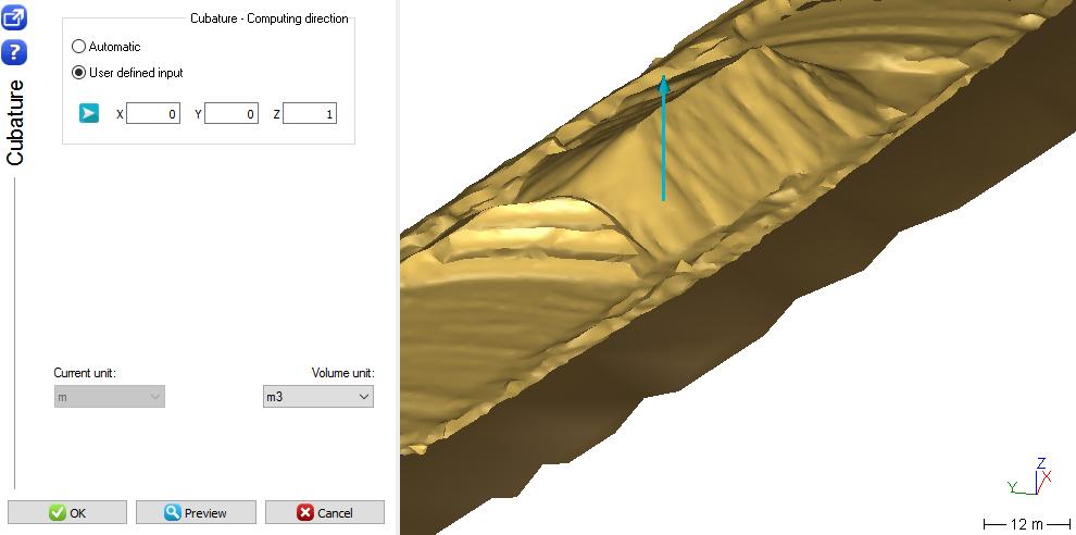 Compute cubature between two open meshes When you click Preview, a window opens, showing the volume of excavation, the volume of embankment, and the difference between them.