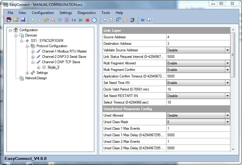 DNP Link Layer Configuration (Source & Destination Address) Using the mouse point and click on Node_3 in the tree view as shown below.