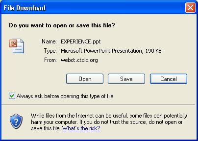 View Files in Learning Module PowerPoint Files or Word Files Click the file link in the left window, you may be prompted to Open or Save the file*.