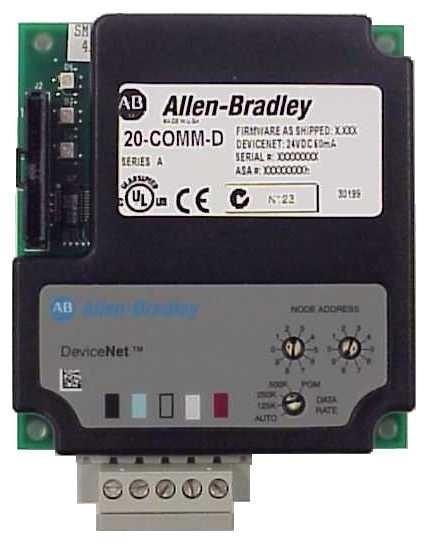 Module 20-COMM-D Adapter Module 20-COMM-D Adapter là module làm nhiệm vụ liên kết truyền thông giữa biến tần và Scanner trong mạng DeviceNet.