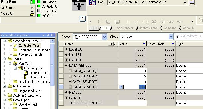 DATA TRANSFER BETWEEN CONTROLLERS Use Message instruction to read,