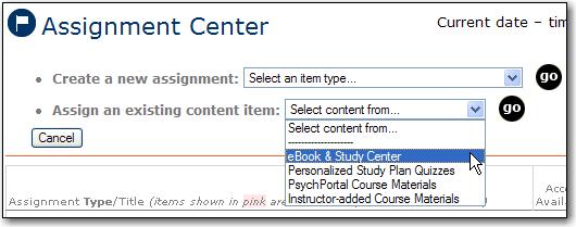 Note that anything in EconPortal can be assigned, using the procedures outlined here. 1. Select the ASSIGNMENT CENTER tab at the top of the Portal. This takes you to the EconPortal Assignment Center.