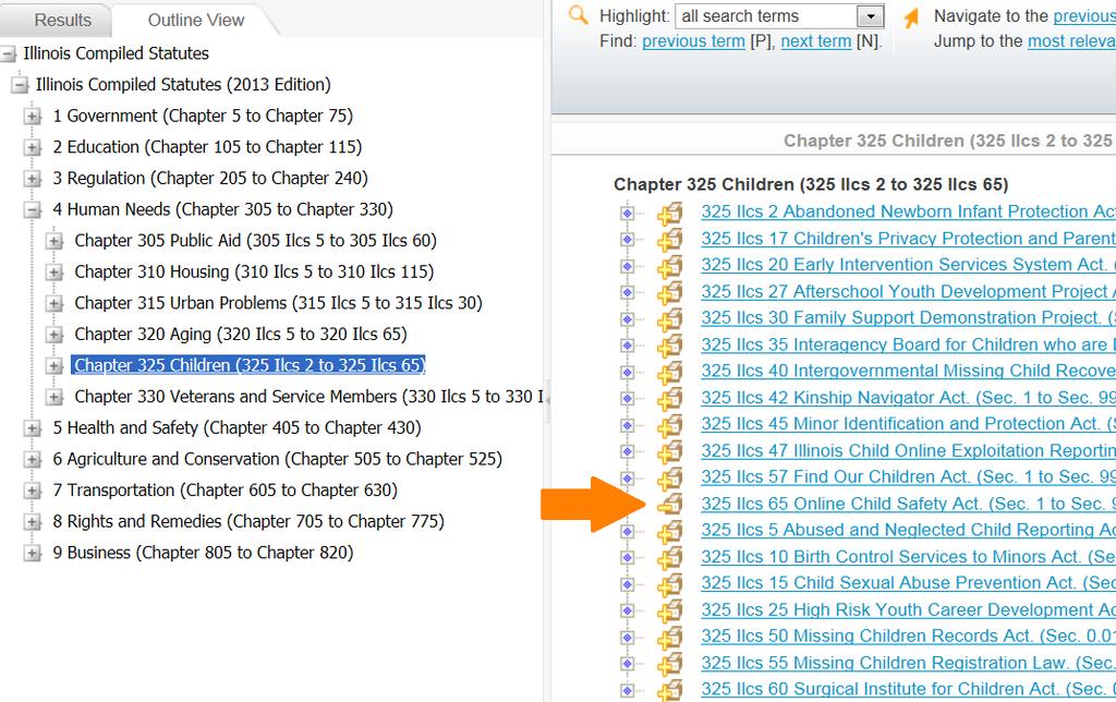 in it. We then clicked on the title name not the plus sign Chapter 325 Children, to bring up the different sections within the chapter on the right hand side.