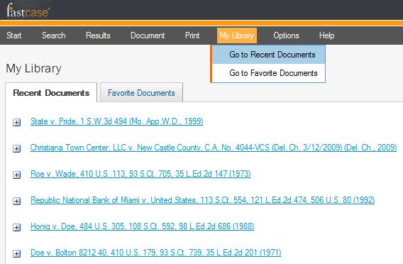 My Library Recently Viewed Documents: Fastcase automatically tracks the last ten documents that you have viewed and automatically stores them in your personalized library for easy access.