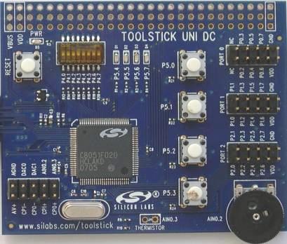 ToolStick UniDC Hardware Overview Power LED Indicates 3.3V is available DIP Switches P4 LEDs P5[7..4] Push-button Switches P5[3.