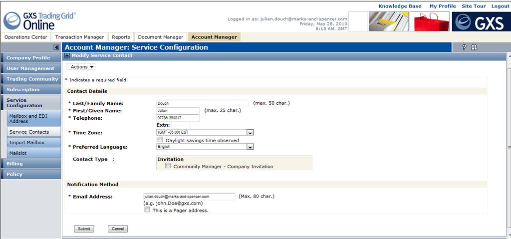 your Web EDI account. Figure 6: Service Configuration Management You can select the action you wish to undertake by clicking on the Actions drop down menu.