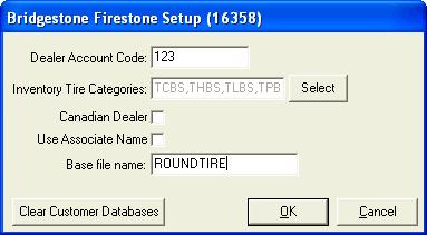 2. Click Setup. The Bridgestone Setup screen appears. 3. Complete the following settings: a. Type the dealer account code assigned to you by Bridgestone. b. Define the inventory categories used for Bridgestone tires.