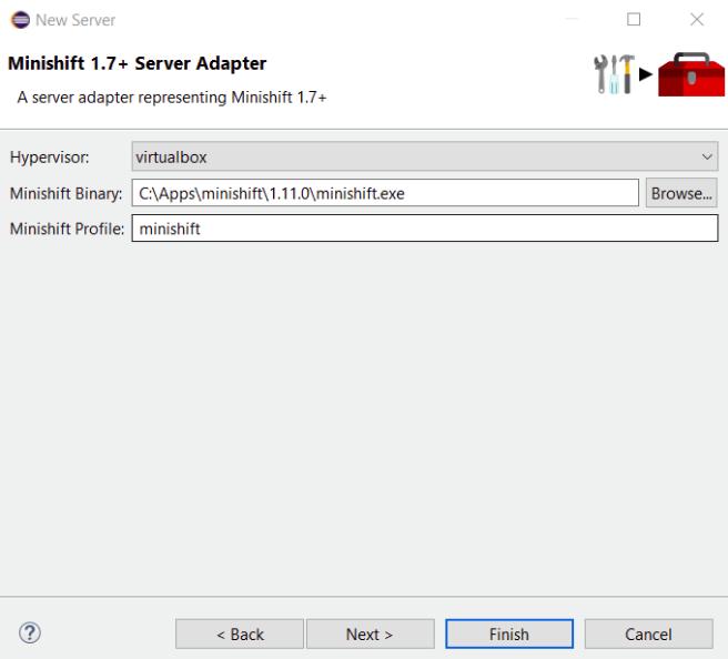 CHAPTER 2. RELEASE NOTES Figure 2.12. Setting the Minishift Values After you have completed the above steps, a new Minishift Server adapter is created and visible in the Servers view. Figure 2.13.
