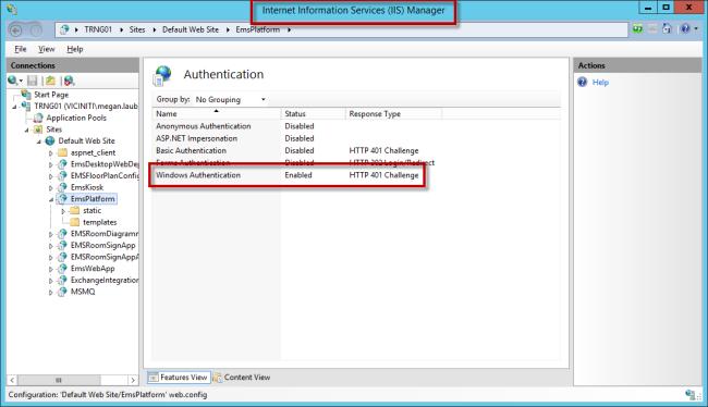 CHAPTER 5: Install EMS Platform Services Windows Authentication Enabled in IIS Manager 2.