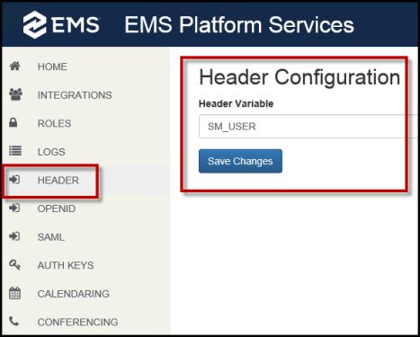 CHAPTER 7: Configure Platform Services in the Admin Portal 1. Header authentication. See Also: Portal Authentication Methods. Header Tab of EMS Platform Services Admin Portal 2.