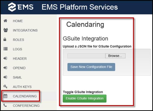 CHAPTER 7: Configure Platform Services in the Admin Portal Calendaring Tab of EMS Platform Services Admin Portal CONFERENCING EMS integration of Skype for Business allows users to easily integrate