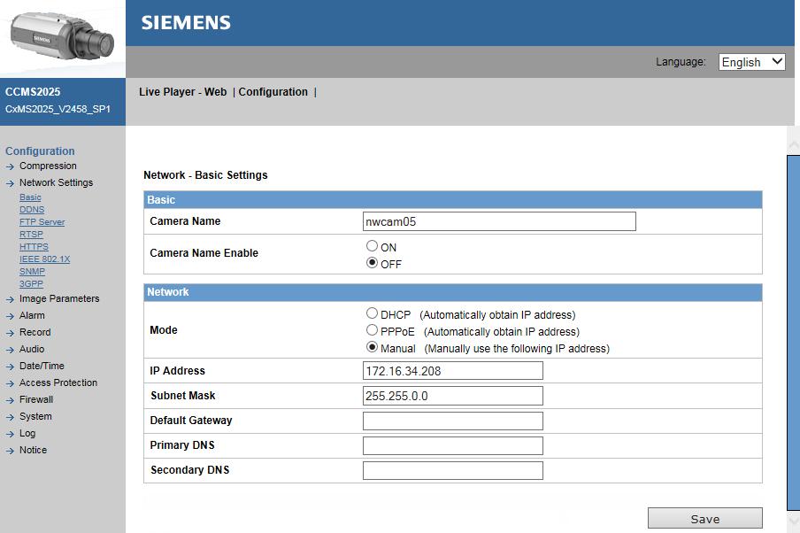 3.2 Camera settings "SIEMENS CCMS2025" No.