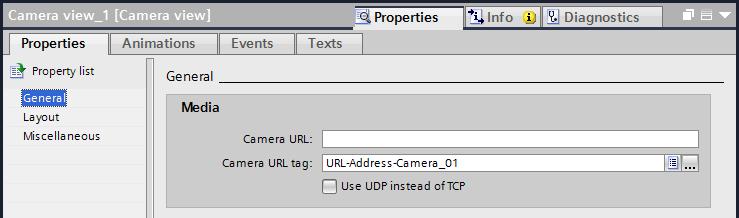 3.3 Camera control settings in WinCC (TIA Portal) 3.3.2 Camera URL Properties > Properties > General Camera URL: Enter the URL address of the network camera (URL = Windows file format for web links).