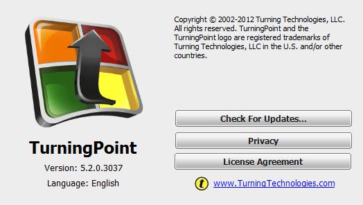 TurningPoint Self-Paced Polling for PC 11 2 Click the TurningPoint logo located at the bottom of the Dashboard. The About TurningPoint window is displayed. 3 Click Check For Updates.