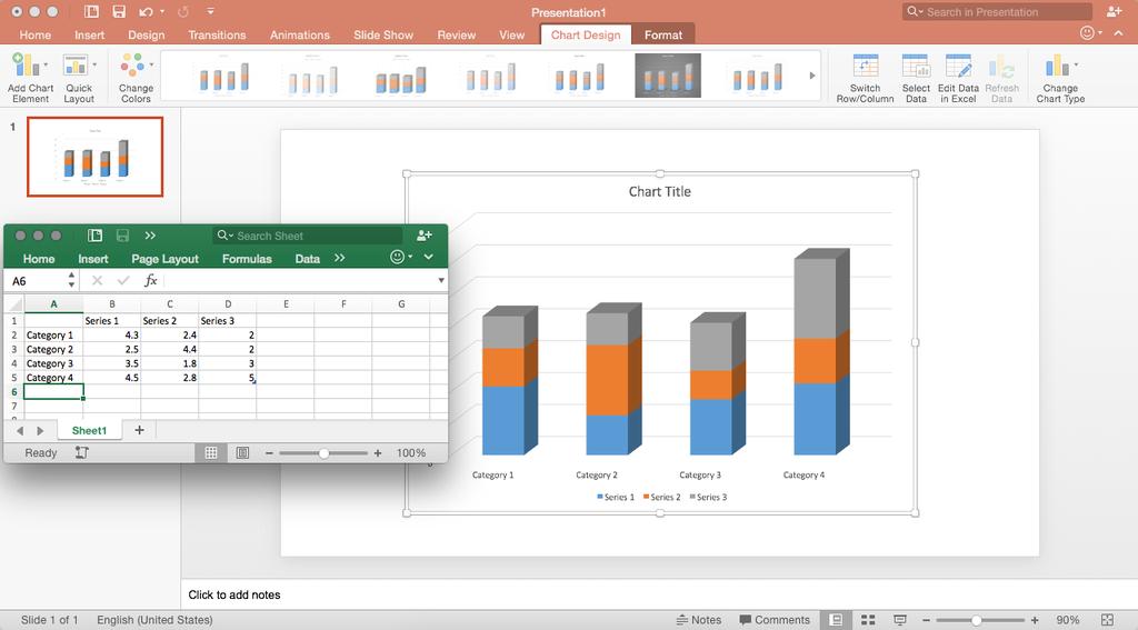 Select one of the chart types from the chart palette to insert the graphic. 4. Excel will open and show the data to edit for the chart.