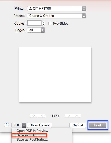 19 Previewing, Printing and Saving as a PDF Select Print from the File menu to choose from various printing options. 1.