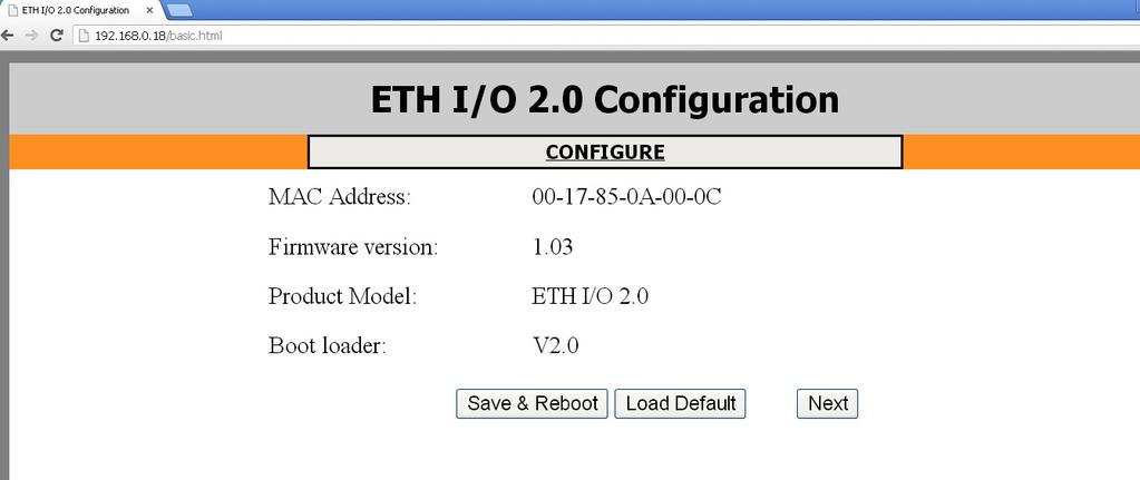 Figure5: ETH IO Home page in browser User can proceed to configure the unit by clicking on CONFIGURE or Next option in the home