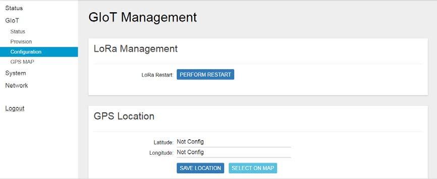 3.3 GIoT - Configuration Click PERFORM RESTART button to restart LoRa server. The latitude and longitude coordinates can be manually embedded in this page.