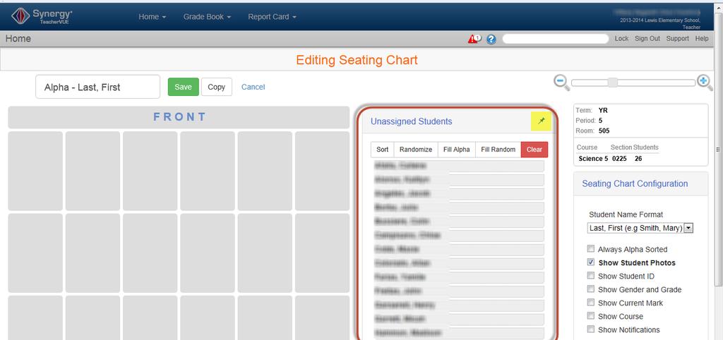 7. In edit mode, you can set the location for the front of the classroom and set desired Seating Chart Dimensions.
