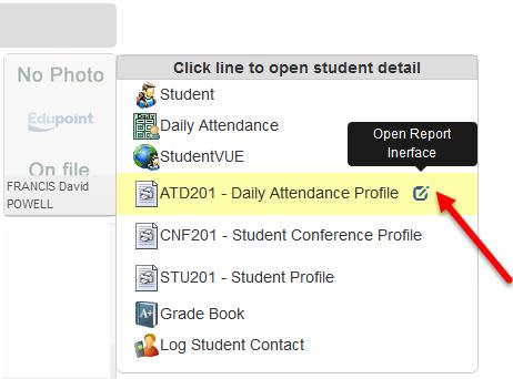 TeacherVUE Reports Click a student s picture in the seating chart. When the menu displays, click the name of the desired report and it will automatically run for the selected student.
