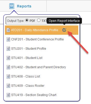Use the Reports menu at the top of the seating chart for class data. Click the name of the report and it will automatically run for the selected class.