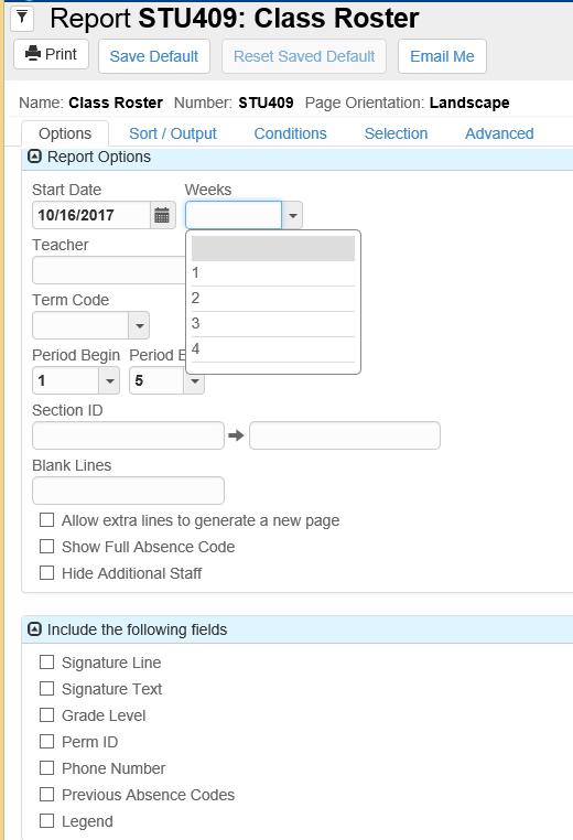 When selecting a report from the class menu, leave parameters empty to run for all students. Click the Print button at the top of the interface to run and view the report.