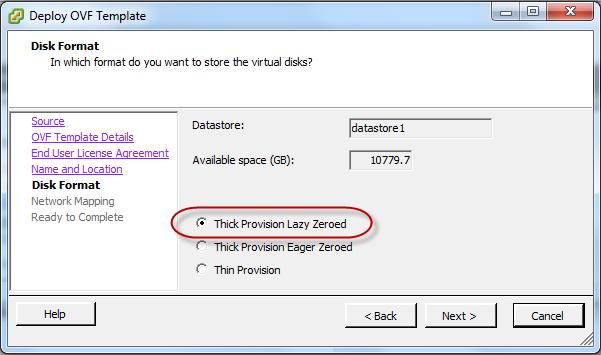 On the Disk Format page, leave the default option of Thick Provision Lazy Zeroed, and then click Next.